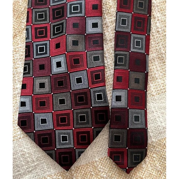 Men's Calvin Klein Silk Business Tie Ruby Red  Grey Black Geometric Blocks - Picture 3 of 8